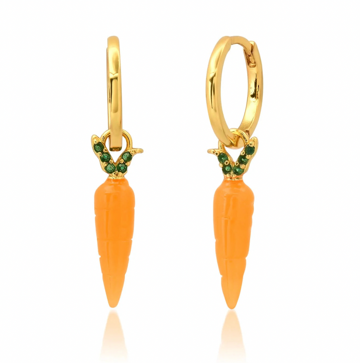 Gold hoop earrings with orange carrot-shaped drops and green gemstones on a white background