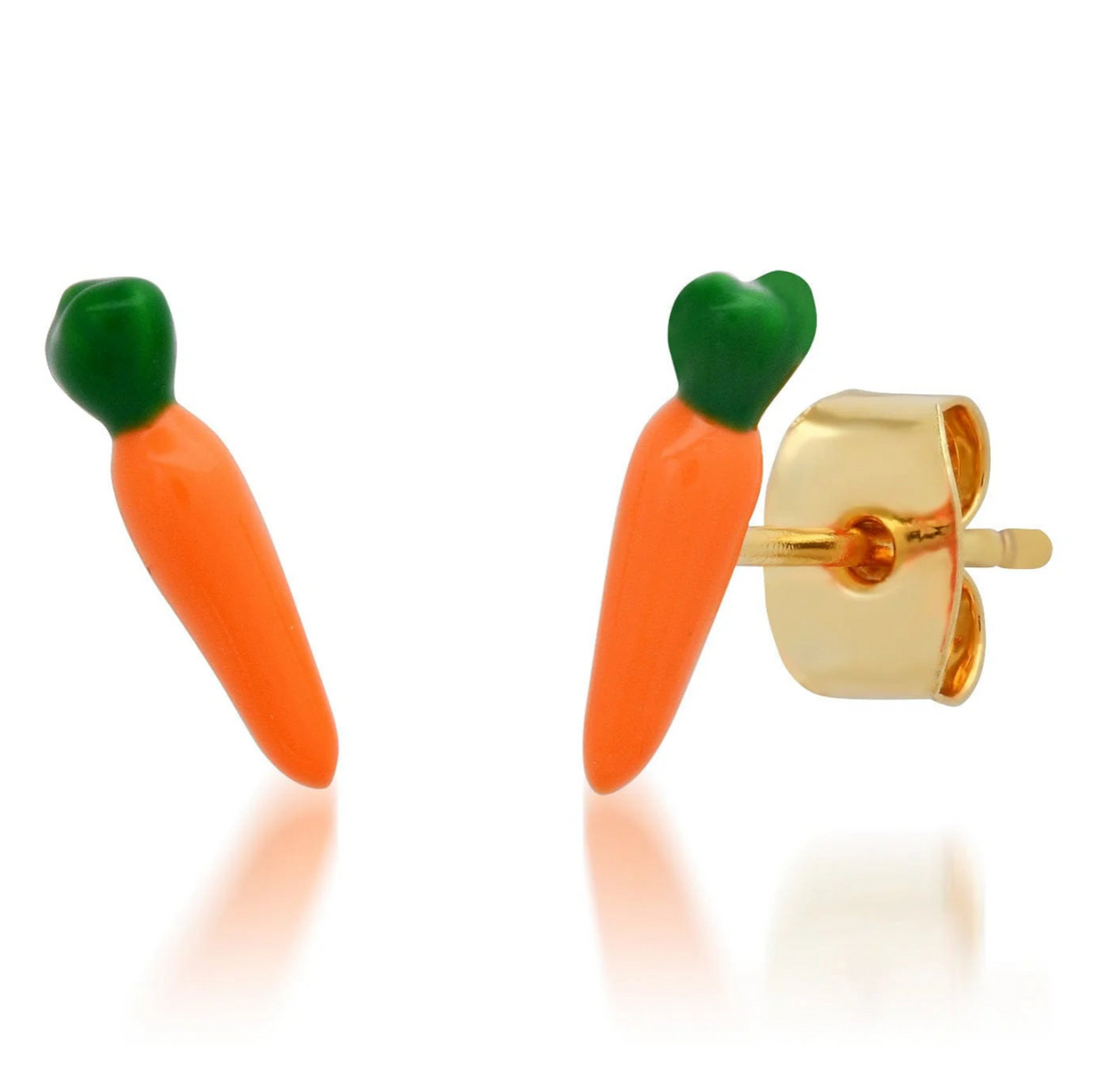 Carrot-shaped earrings with gold posts on a white background