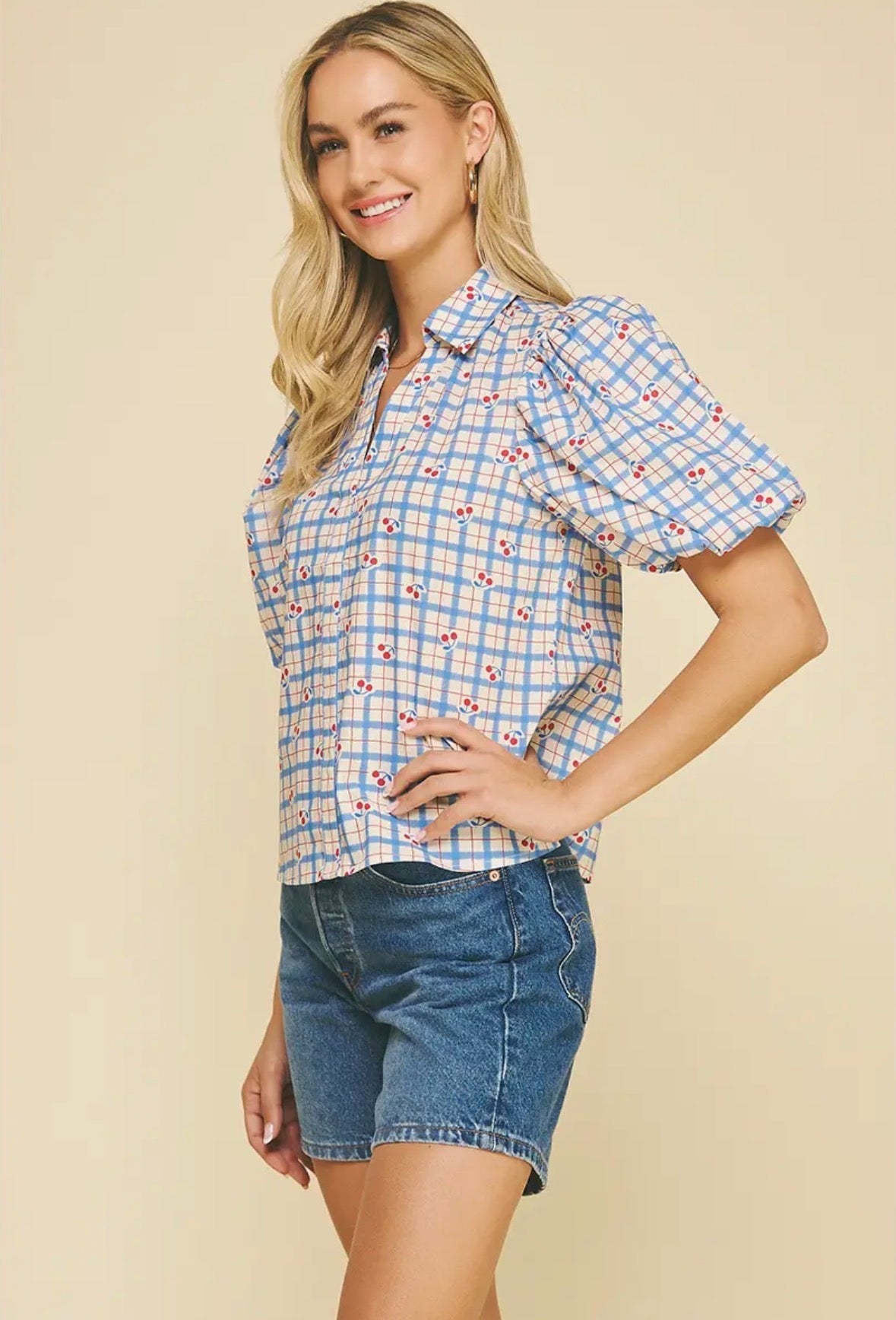 Checker with Cherry Print Blouse - Flea Boutiques