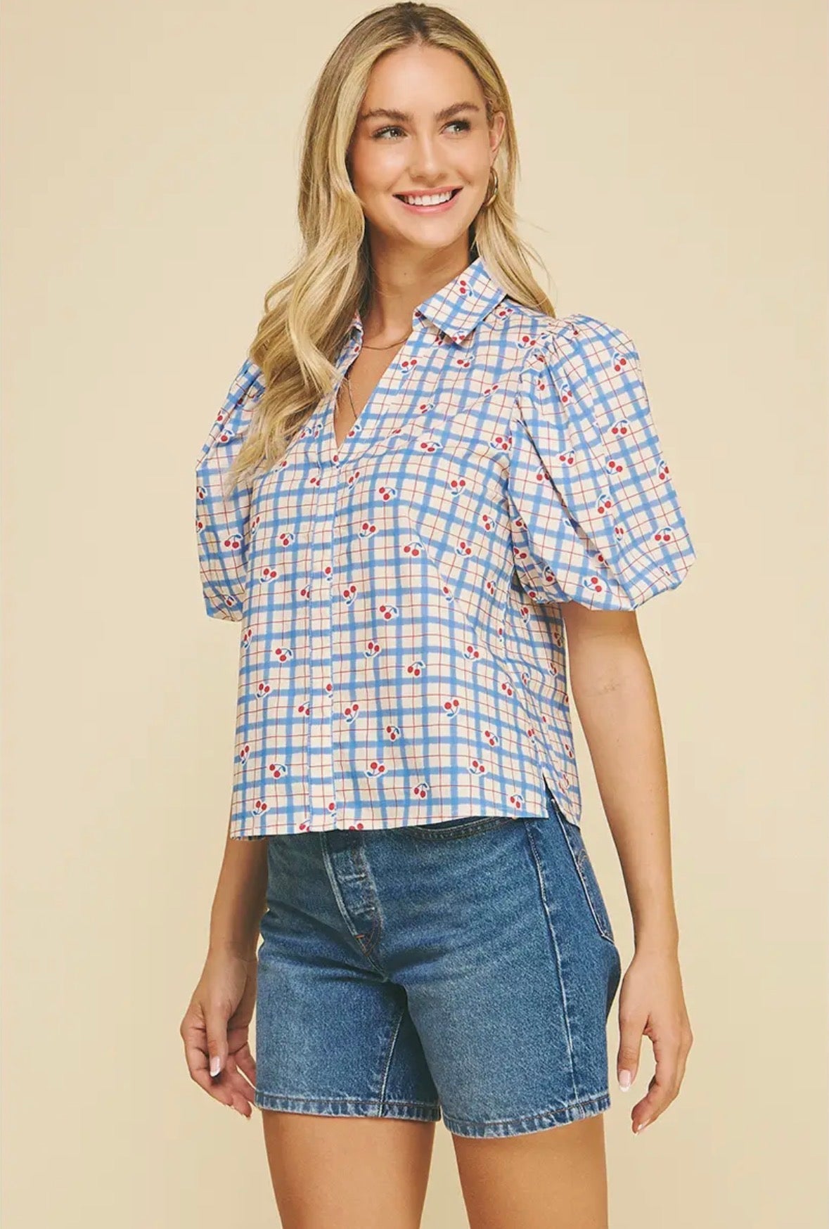 Checker with Cherry Print Blouse - Flea Boutiques