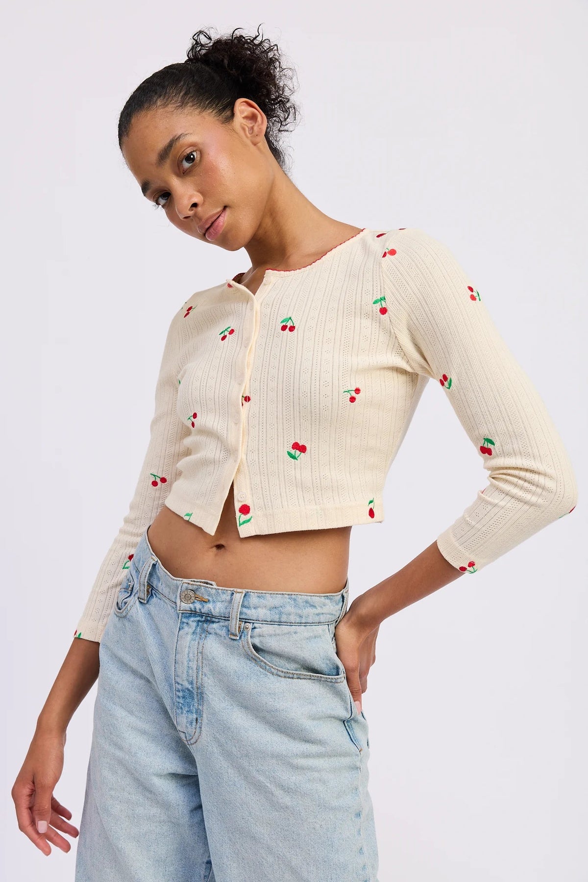 Cherry Embroidered Crop Cardigan - Flea Boutiques