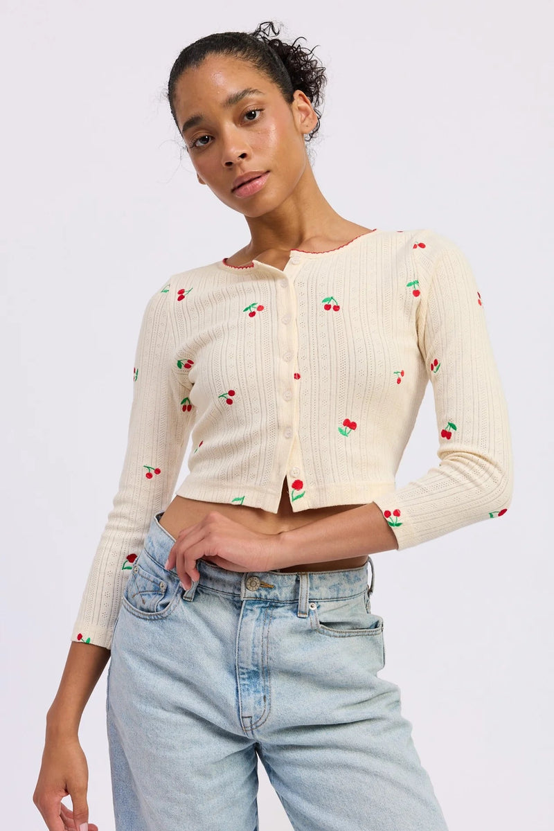 Cherry Embroidered Crop Cardigan - Flea Boutiques
