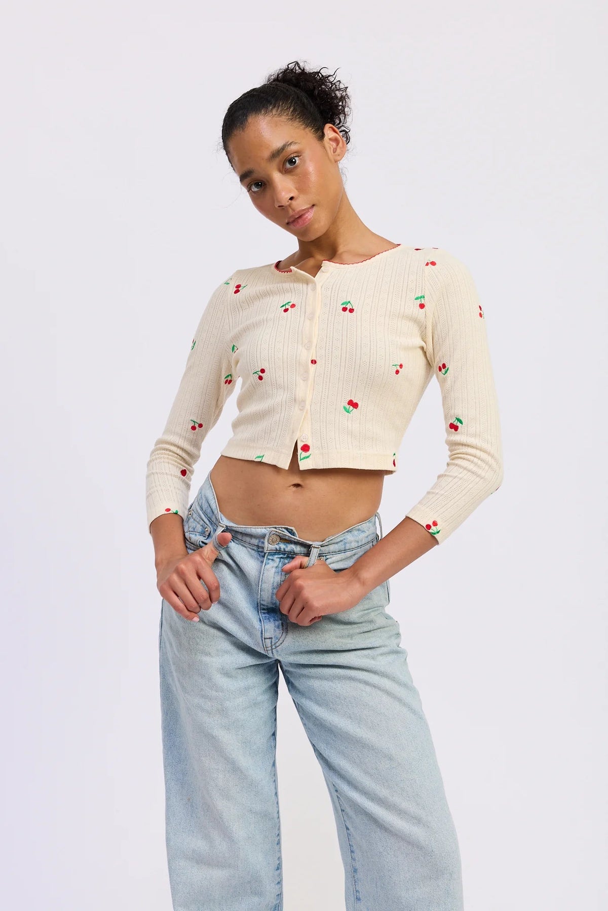Cherry Embroidered Crop Cardigan - Flea Boutiques