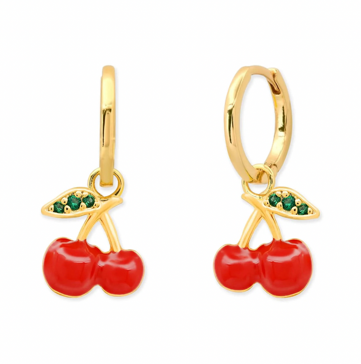Gold cherry earrings with red stones and green gemstones on a white background