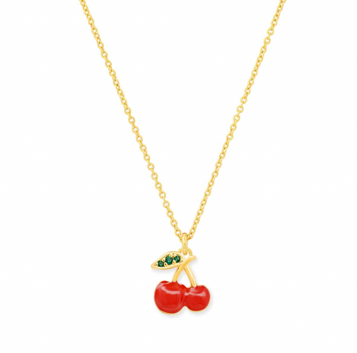 Gold necklace with cherry pendant on a white background