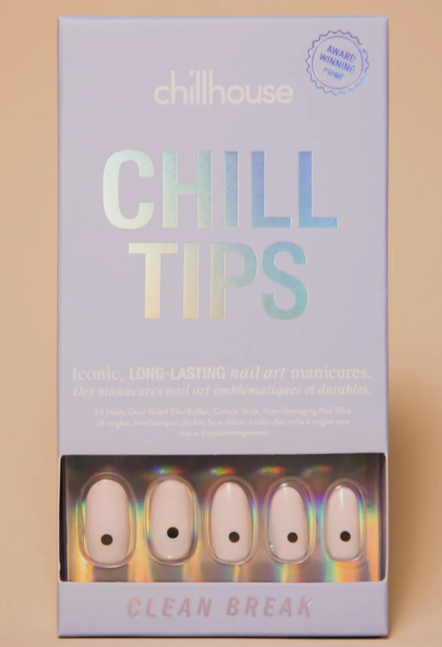 Box of 'Chill Tips' with holographic text and images of tips on a beige background