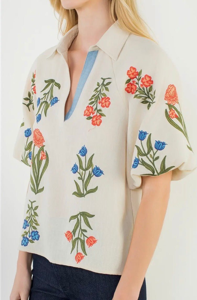 Collared V Neck Floral Top - Flea Boutiques