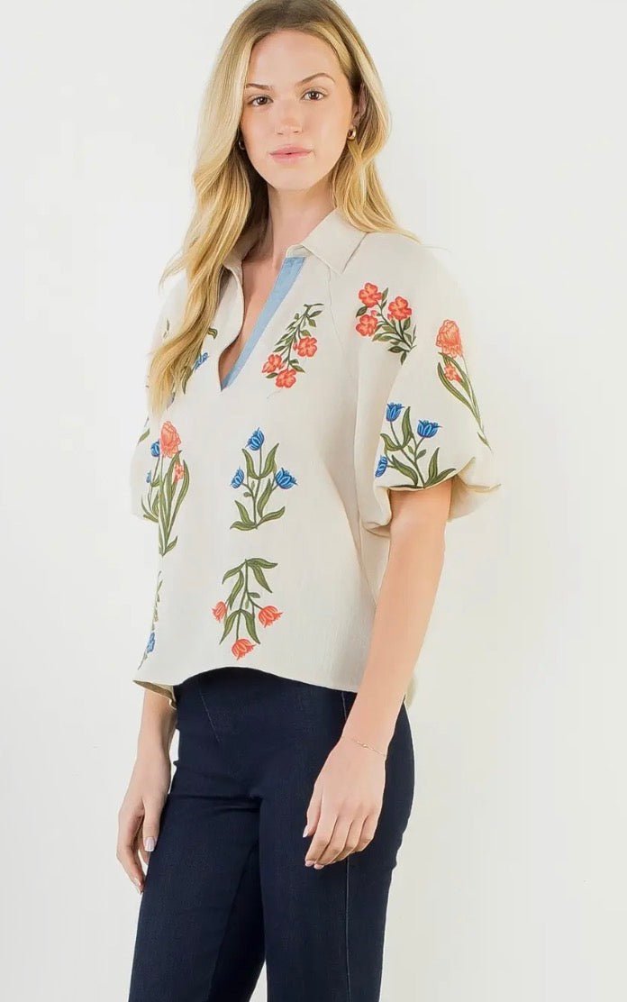 Collared V Neck Floral Top - Flea Boutiques