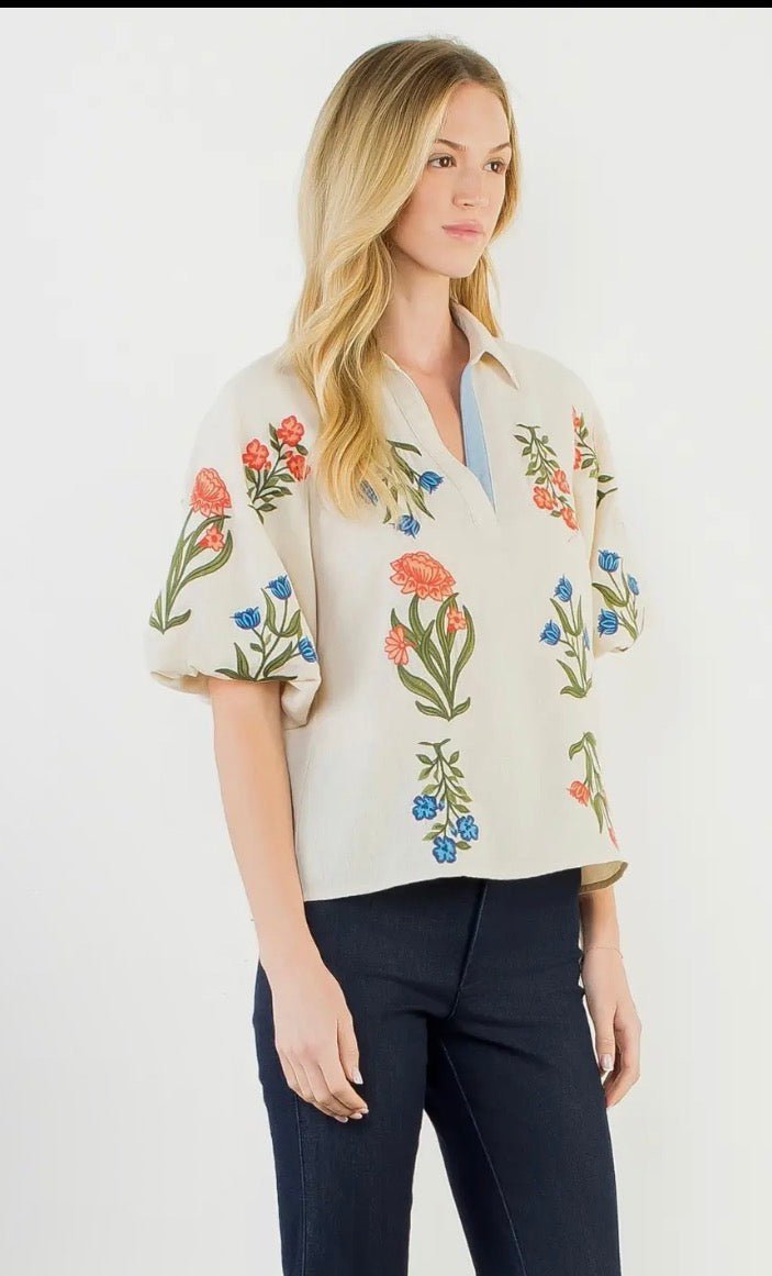Collared V Neck Floral Top - Flea Boutiques