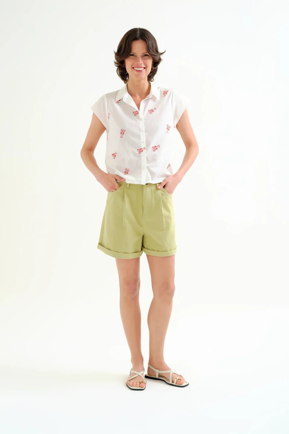 Compañía Fantástica Lobster EmbroideredCap Sleeve Shirt - Flea Boutiques