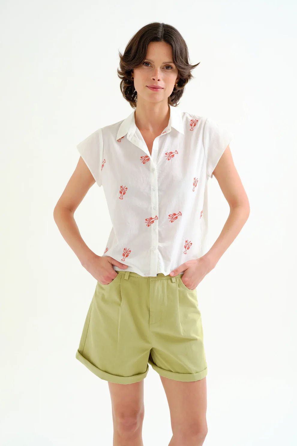 Compañía Fantástica Lobster EmbroideredCap Sleeve Shirt - Flea Boutiques