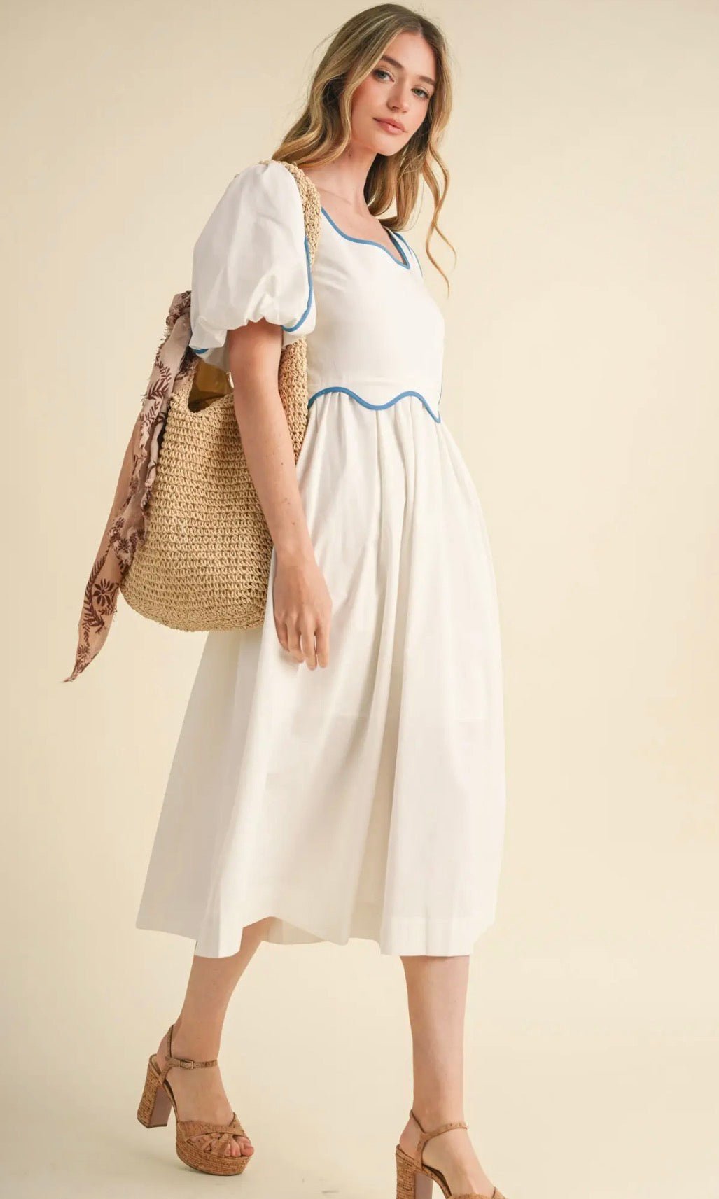 Contrast Binding Scallop Midi Dress - Flea Boutiques