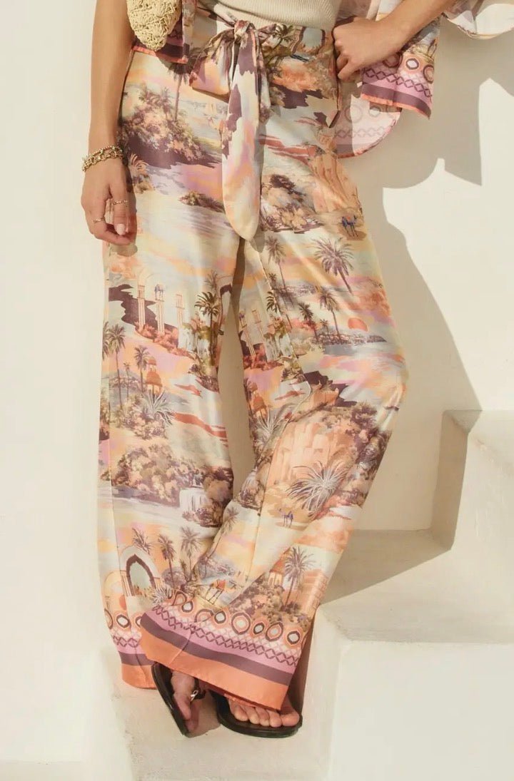 Conversational Border Print Tie Front Pants - Flea Boutiques