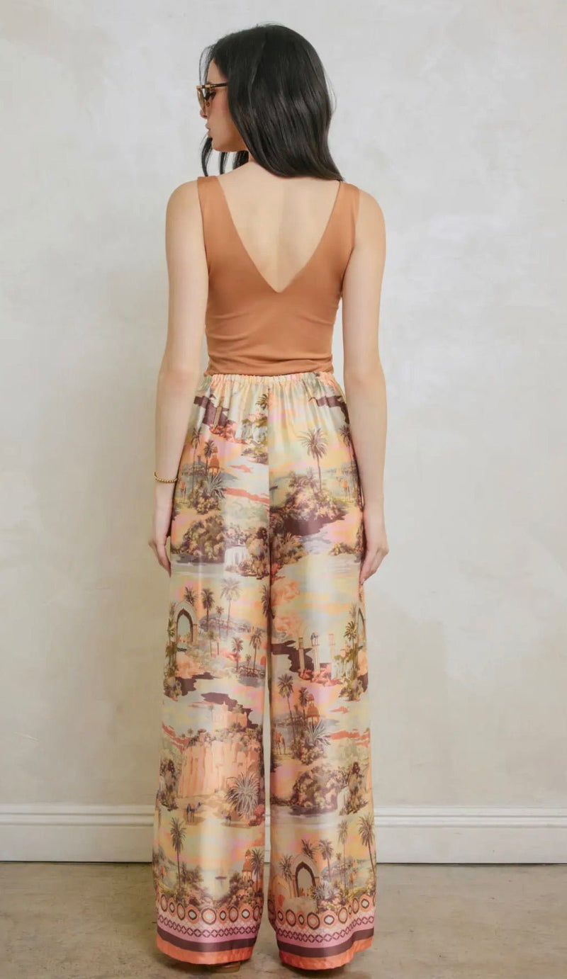 Conversational Border Print Tie Front Pants - Flea Boutiques