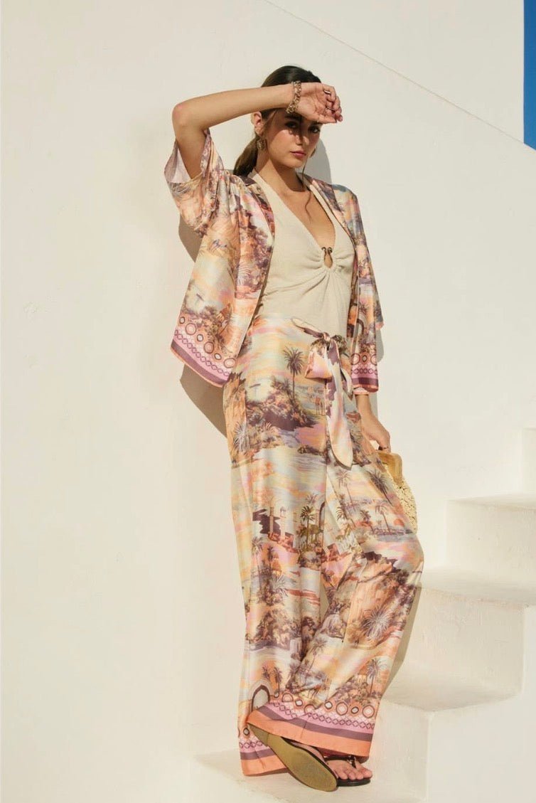 Conversational Border Print Tie Front Pants - Flea Boutiques