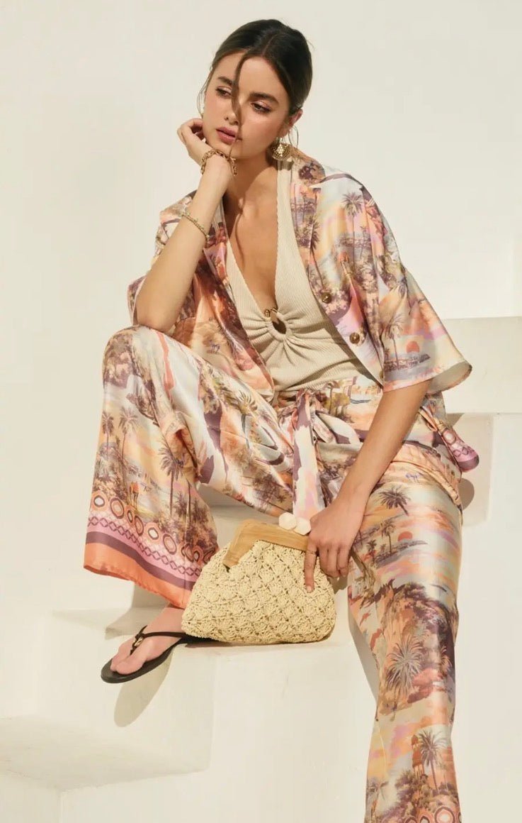 Conversational Border Print Tie Front Pants - Flea Boutiques