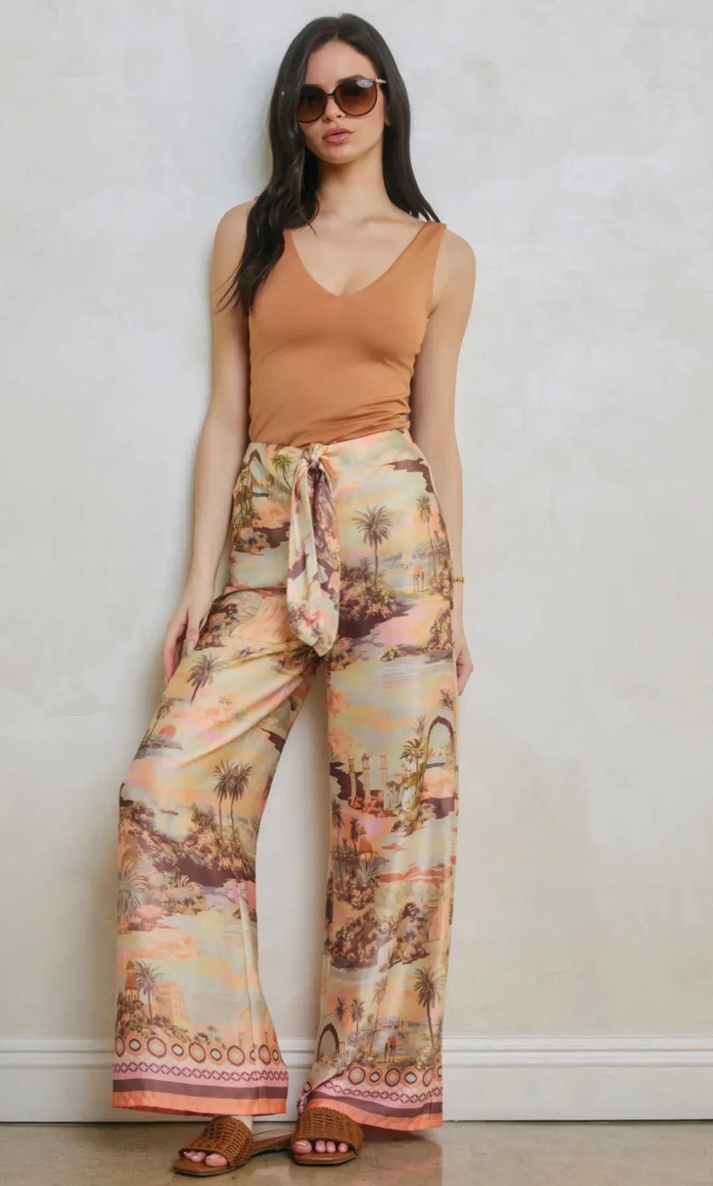 Conversational Border Print Tie Front Pants - Flea Boutiques