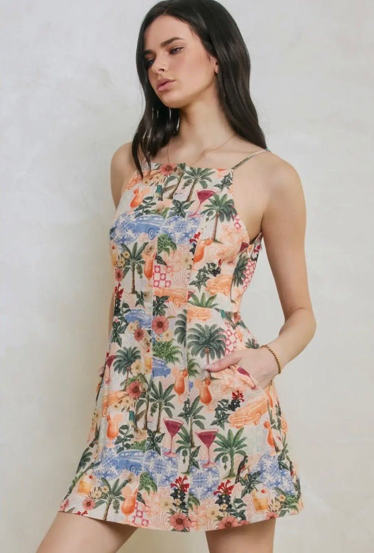 Conversational Linen Placket Dress - Flea Boutiques