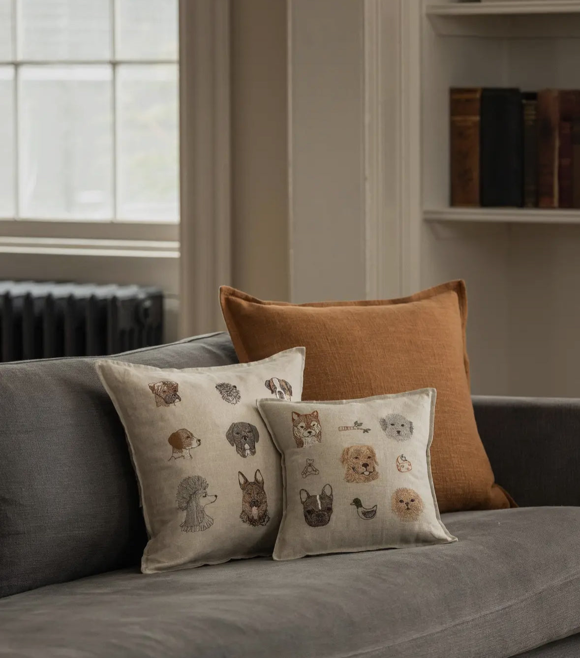 Decorative pillows with animal illustrations on a gray sofa in a room with a window and books.