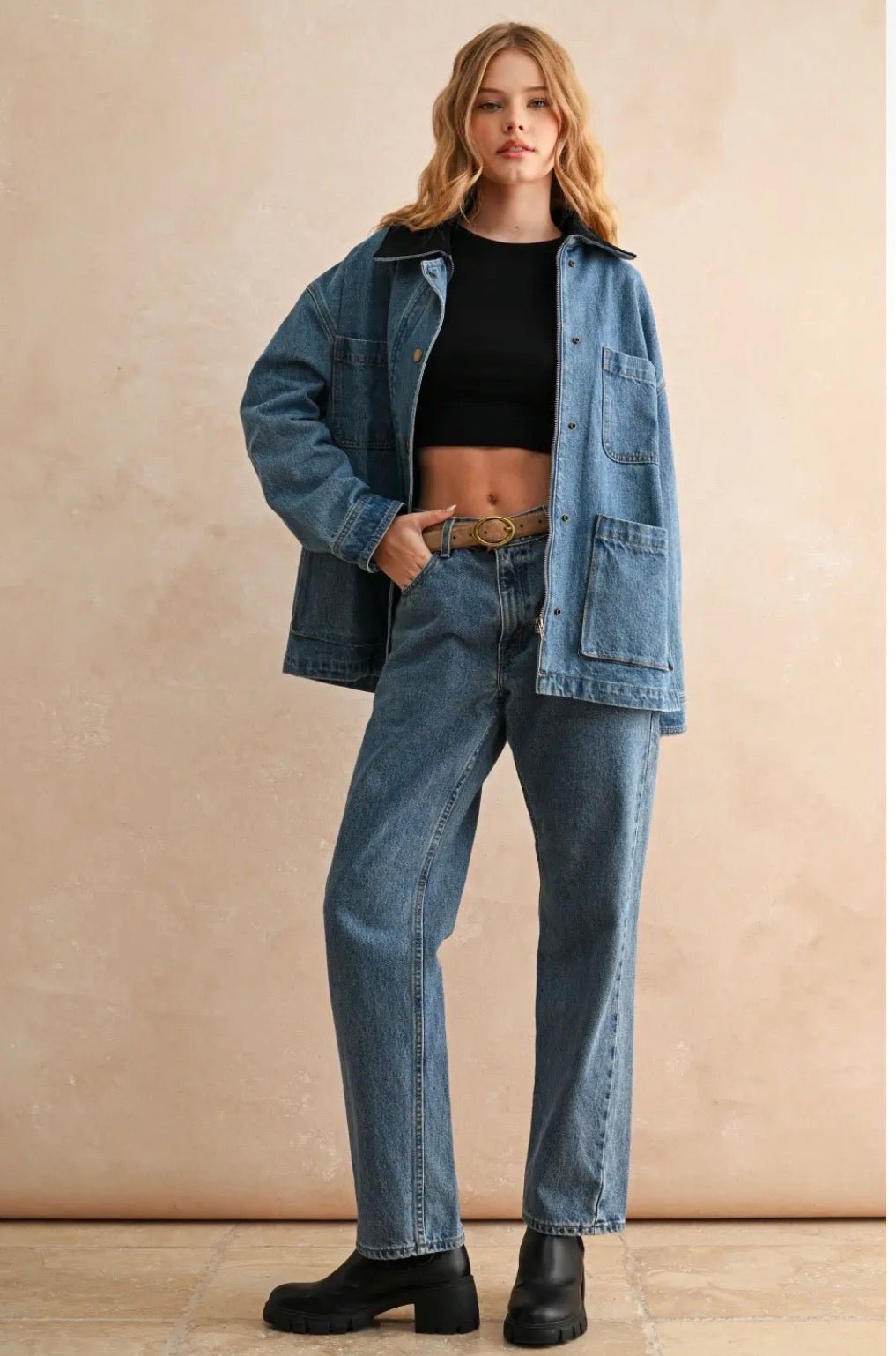 Corduroy Collar Denim Utility Jacket - Flea Boutiques