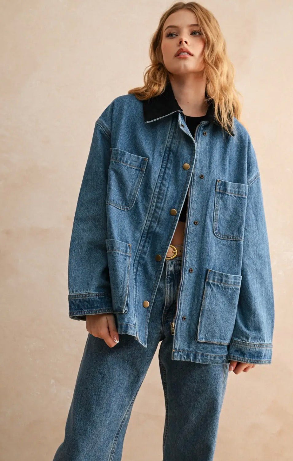 Corduroy Collar Denim Utility Jacket - Flea Boutiques