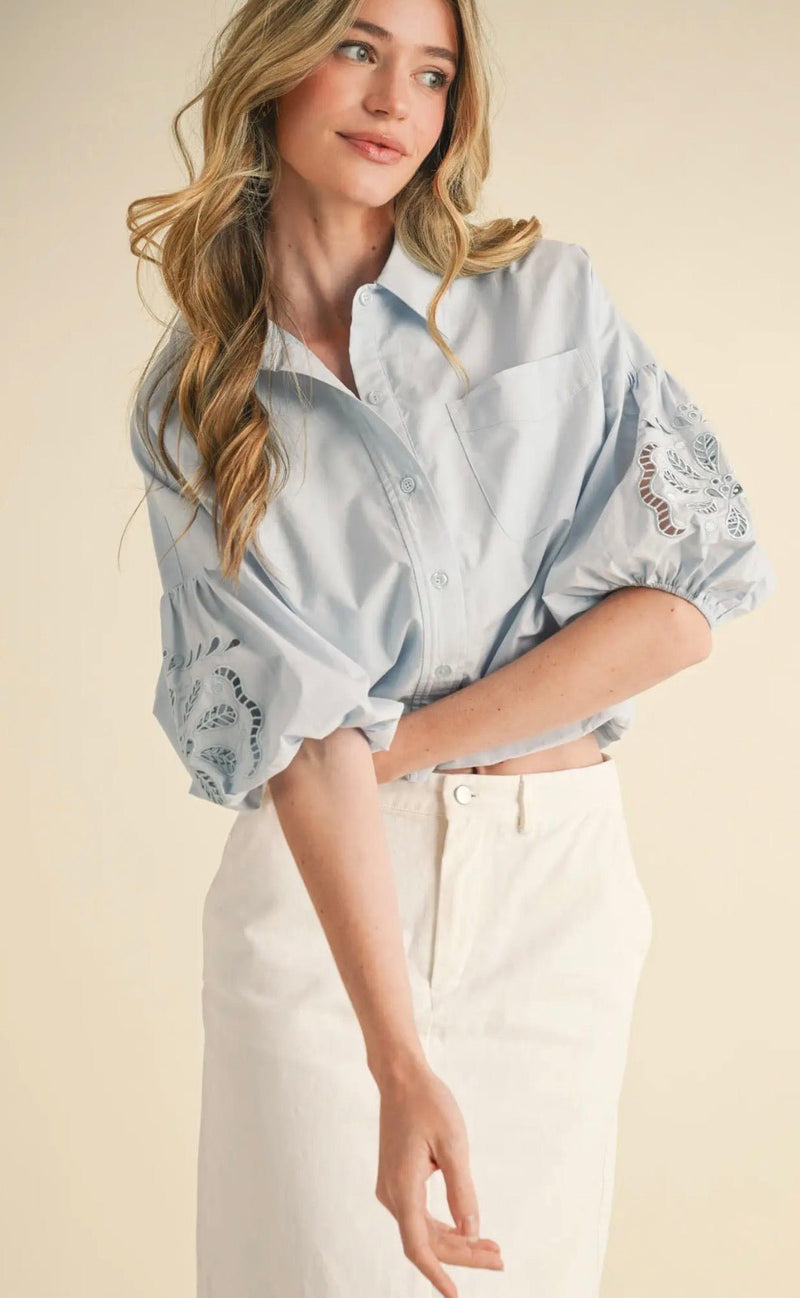 Cut Out Embroidered Bubble Sleeve Top - Flea Boutiques