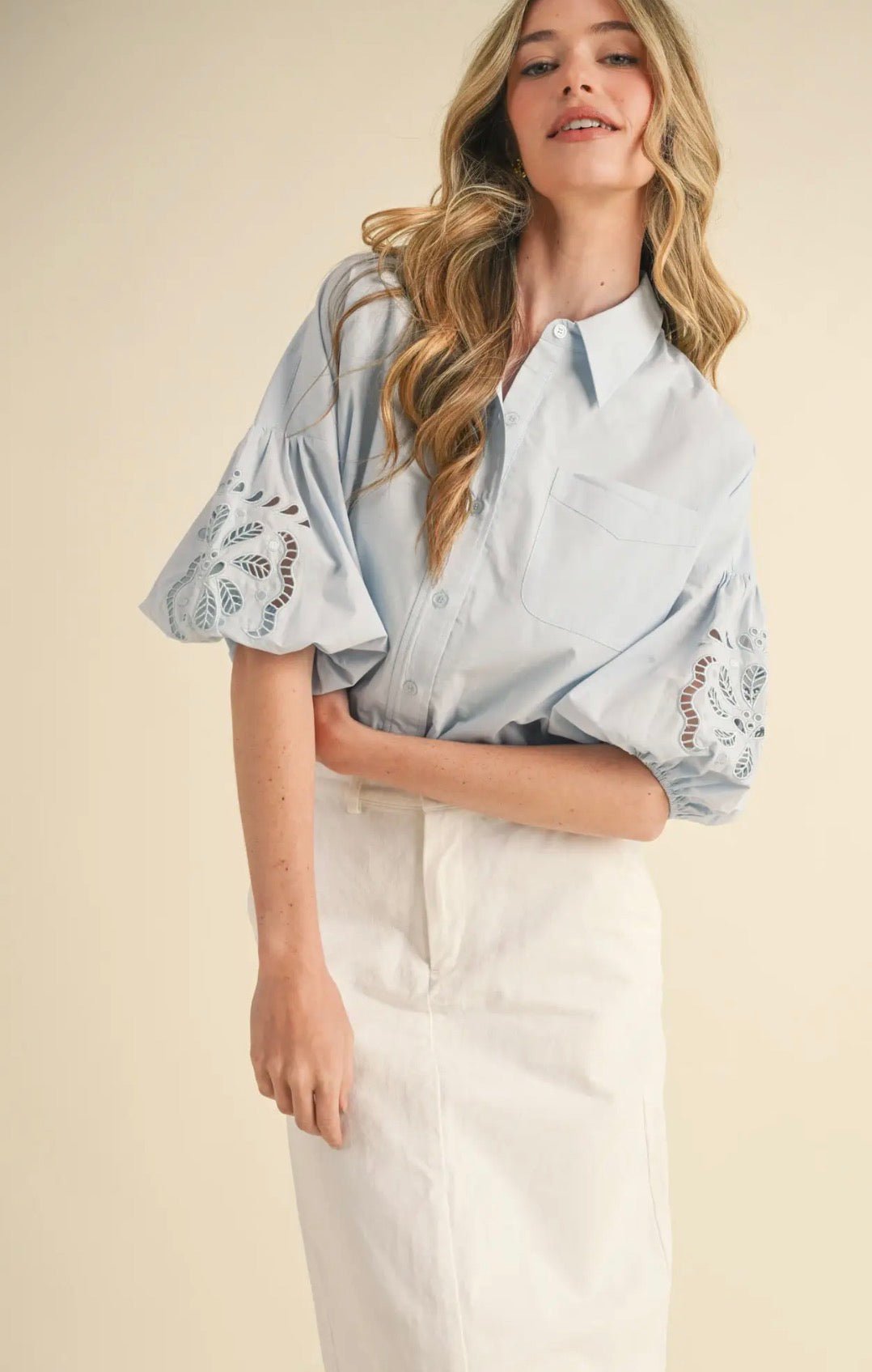 Cut Out Embroidered Bubble Sleeve Top - Flea Boutiques