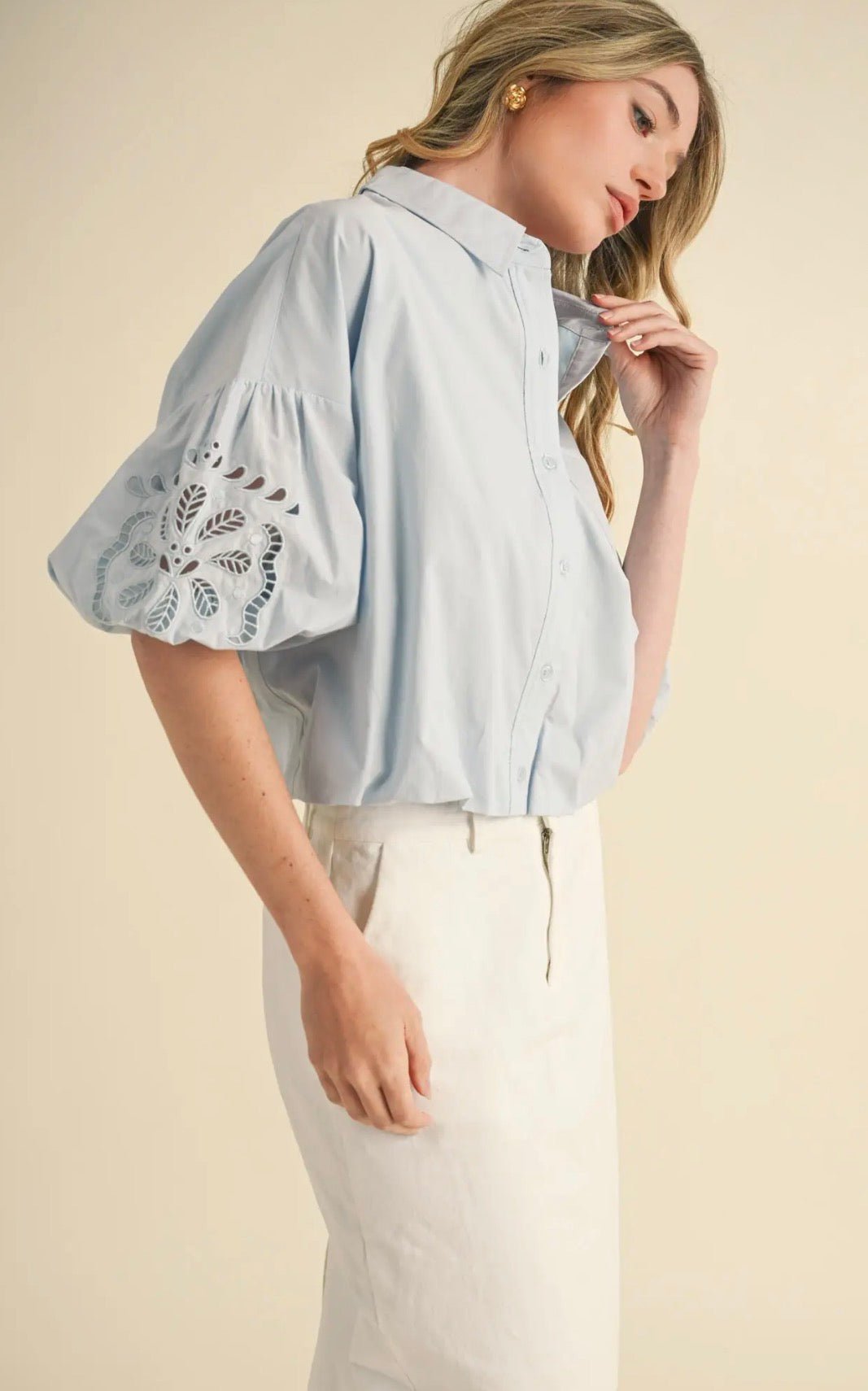 Cut Out Embroidered Bubble Sleeve Top - Flea Boutiques