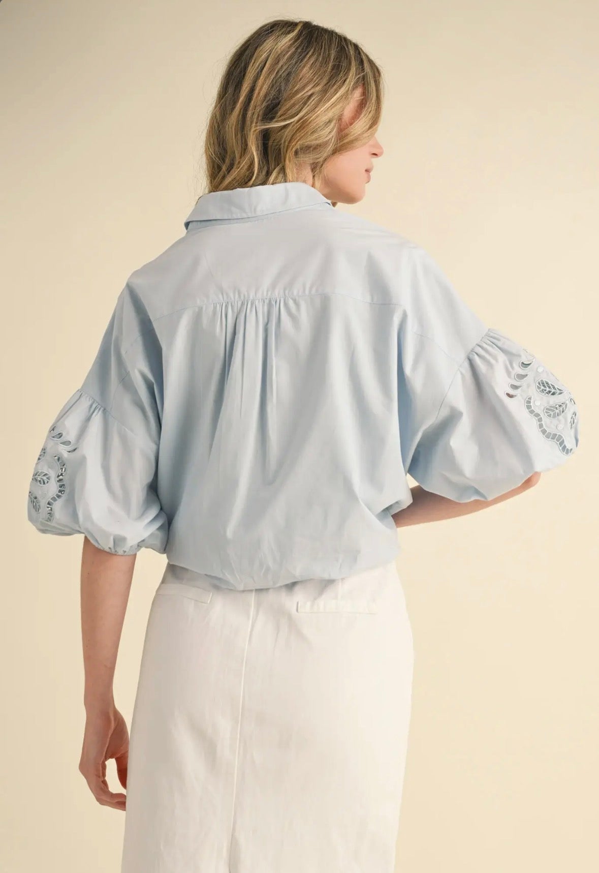Cut Out Embroidered Bubble Sleeve Top - Flea Boutiques