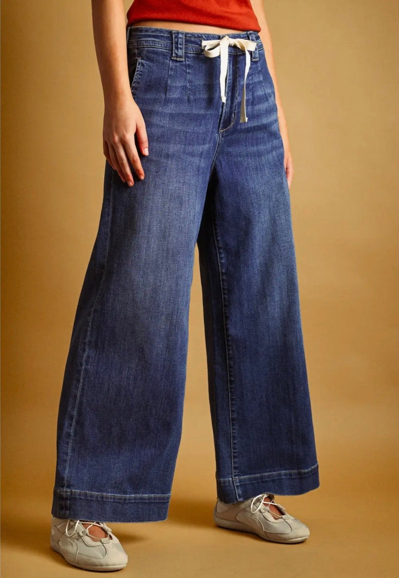 Dark Wash Tie Front Denim Pants - Flea Boutiques