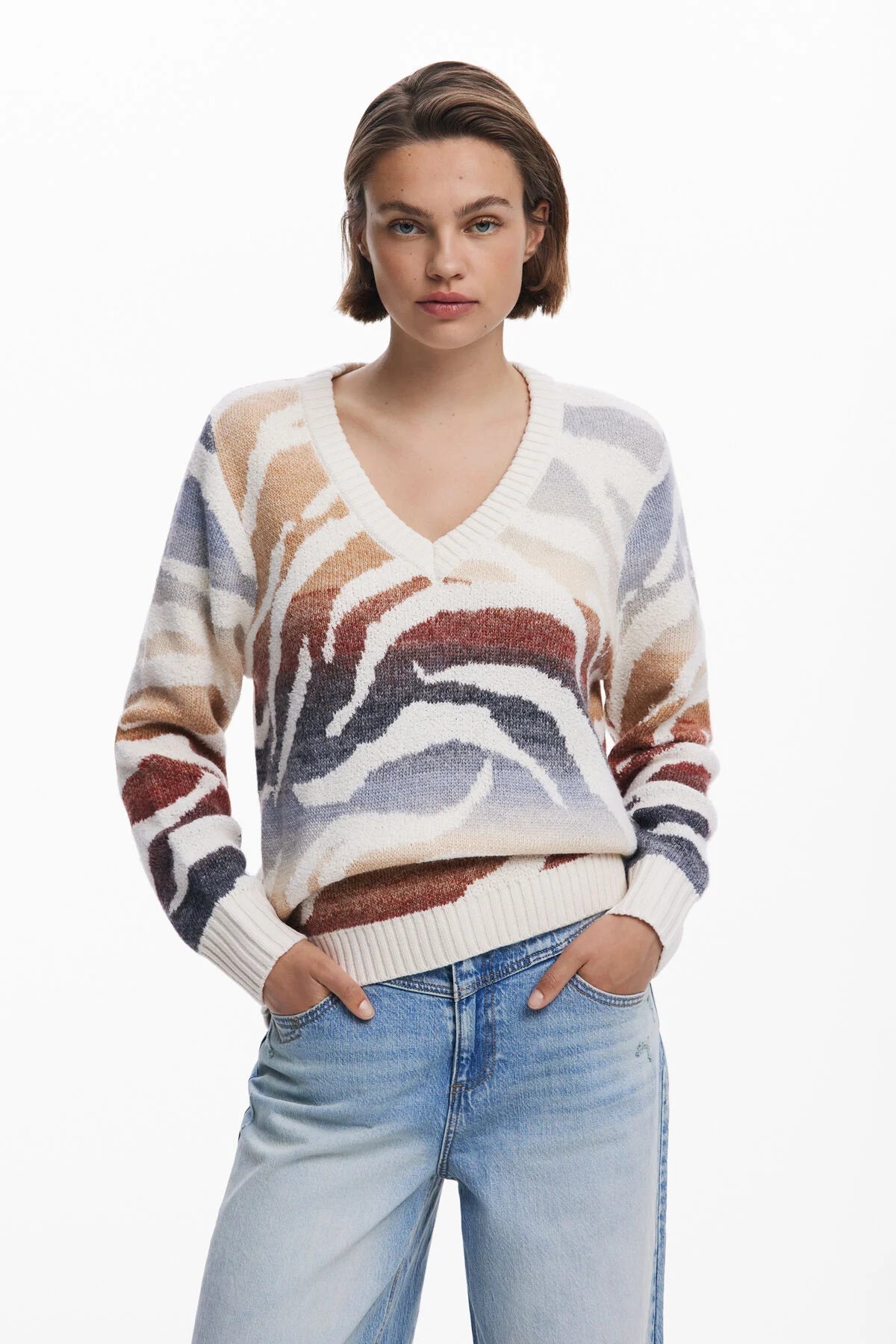Desigual V - Neck Zebra Sweater - Flea Boutiques