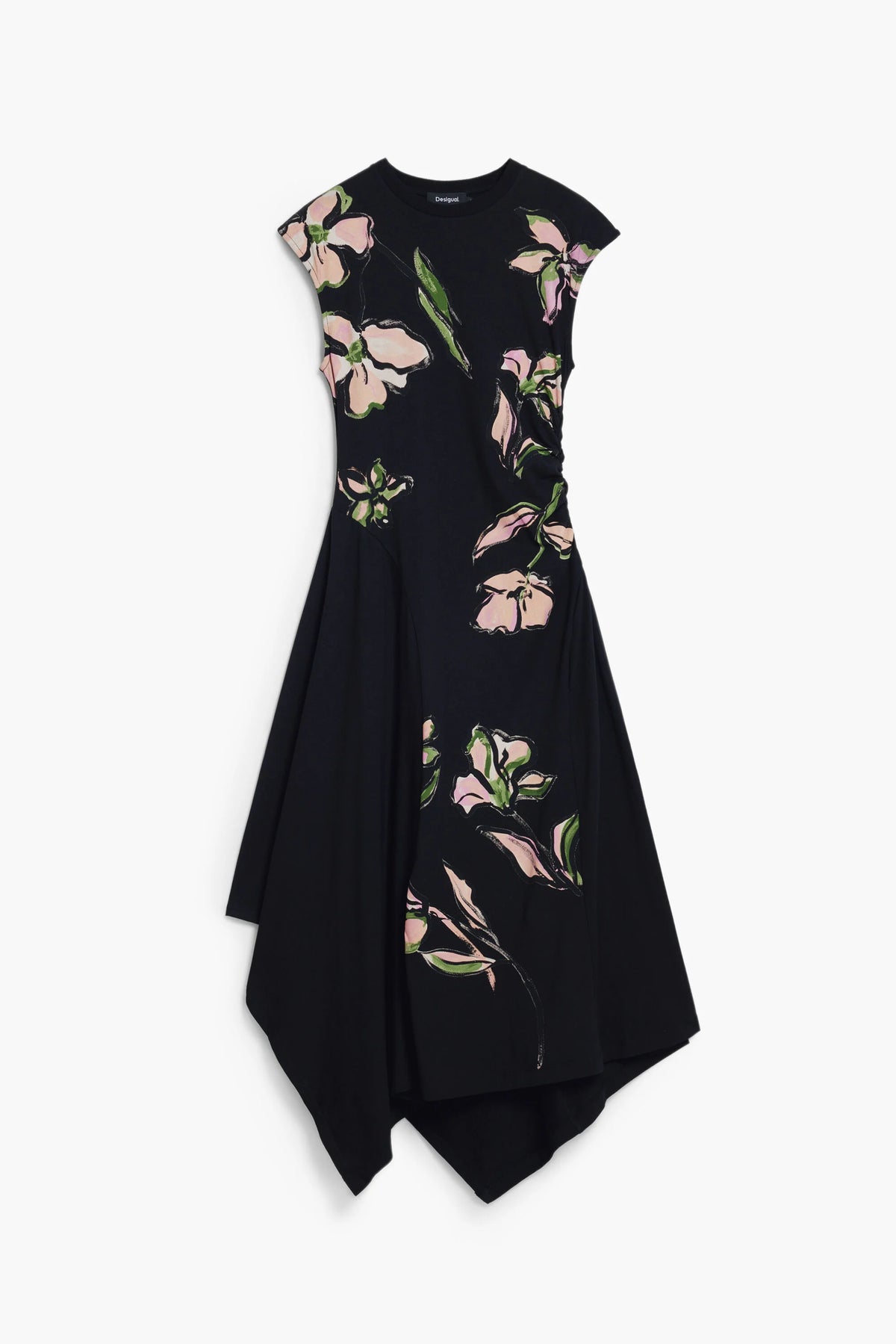 Black dress with floral pattern on a white background