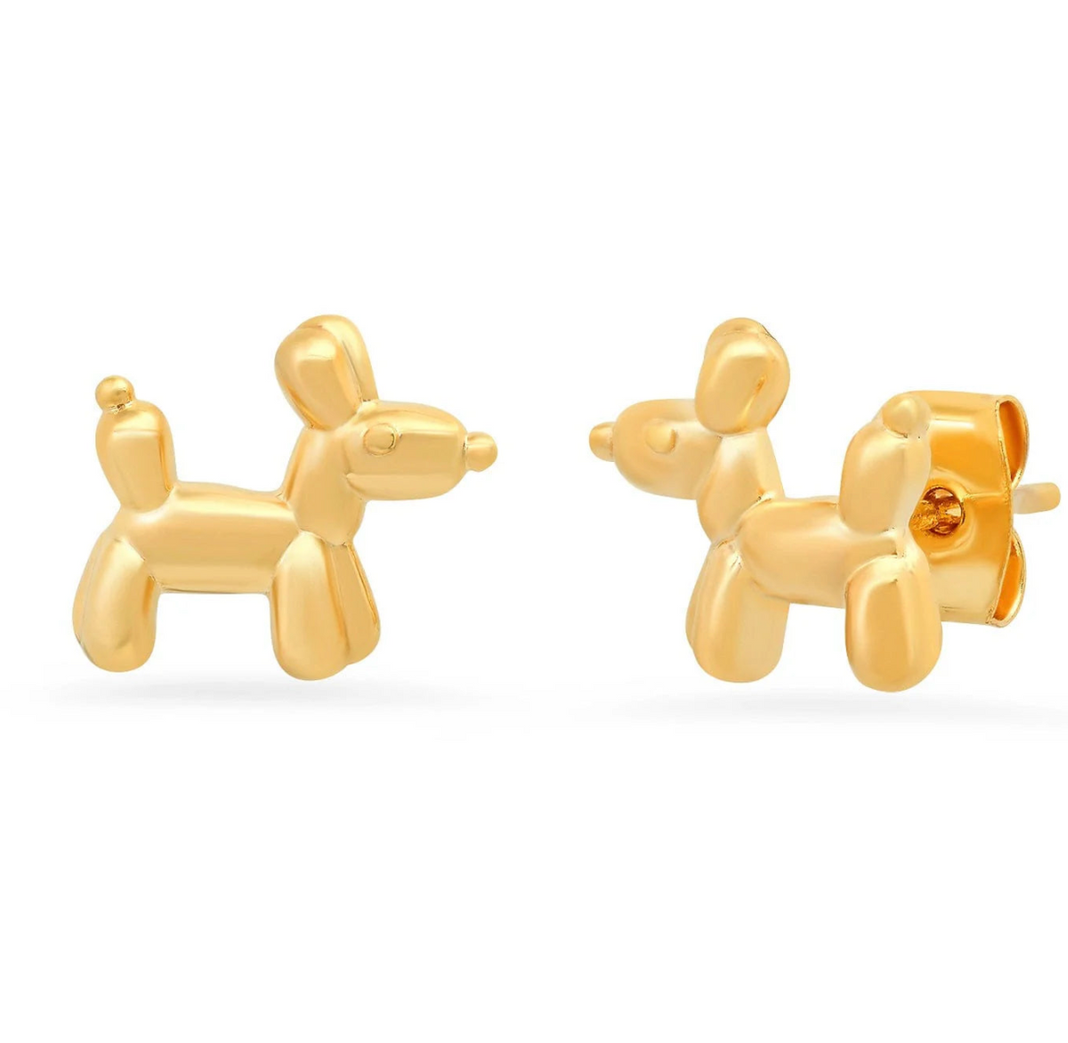 Gold balloon dog-shaped earrings on a white background