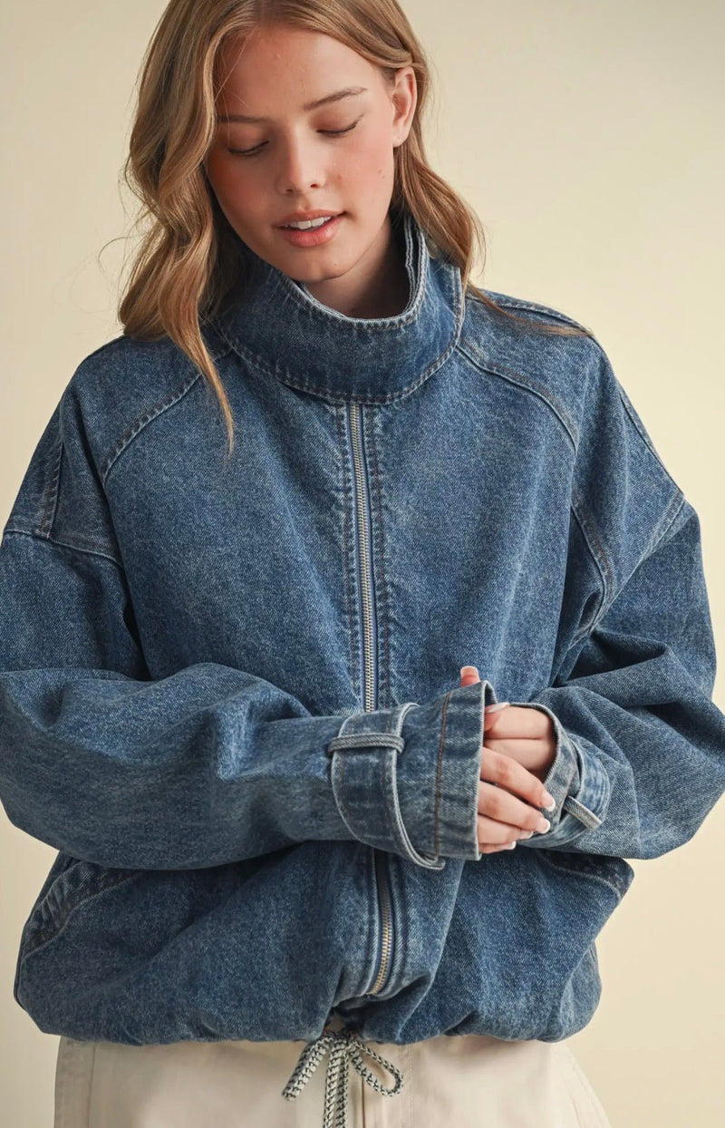 Drawstring Hem Denim Jacket - Flea Boutiques