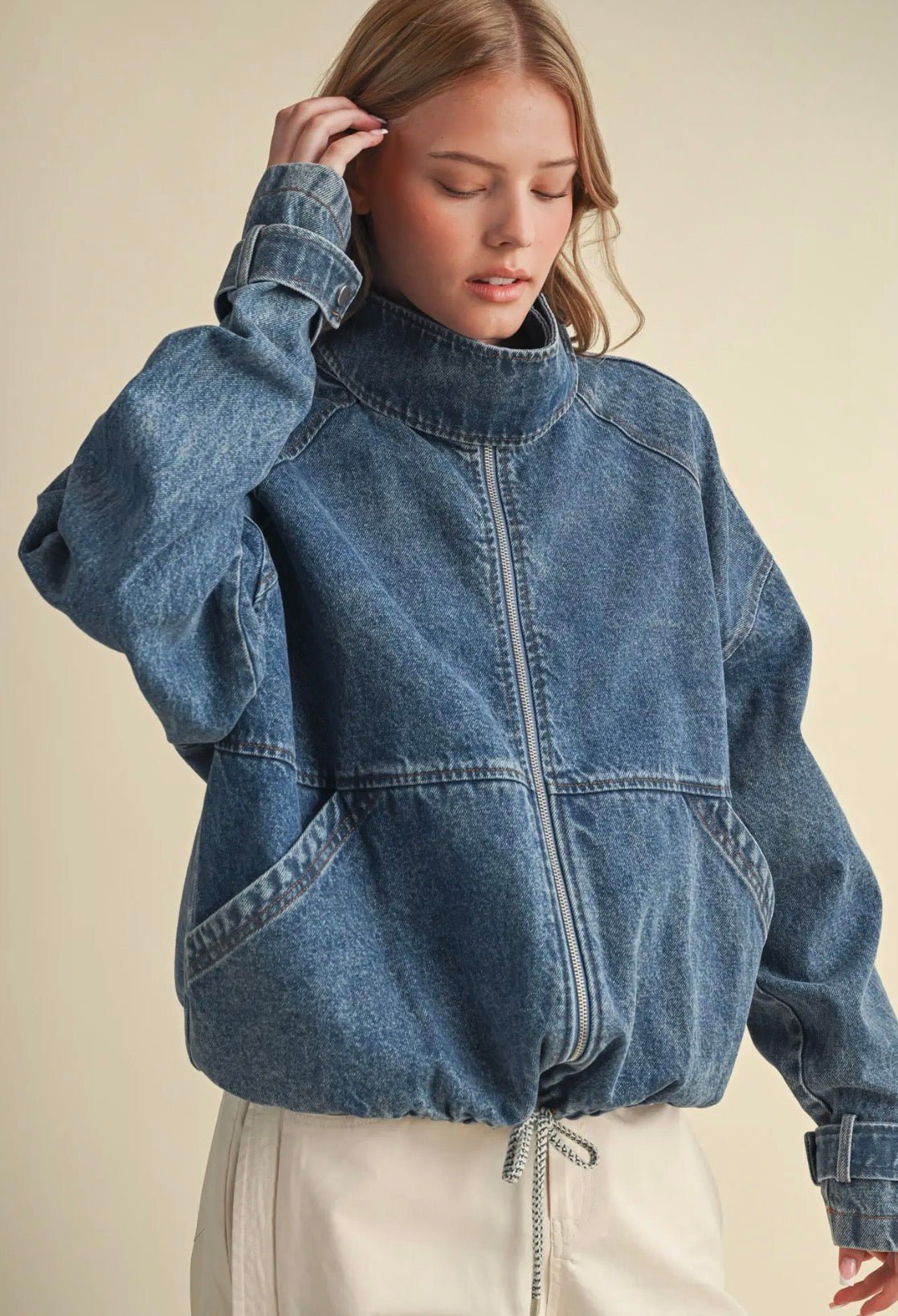 Drawstring Hem Denim Jacket - Flea Boutiques