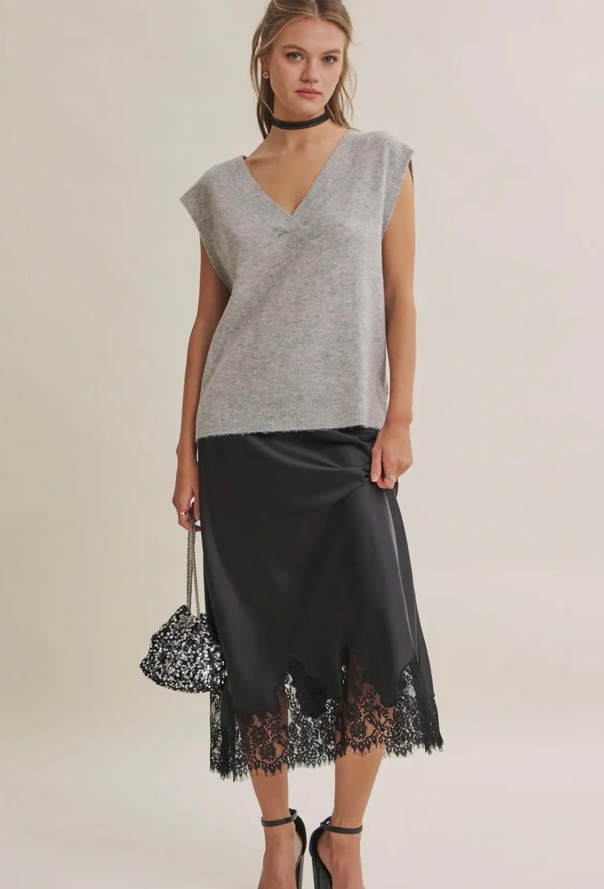 Elegant French Lace Satin Skirt - Flea Boutiques
