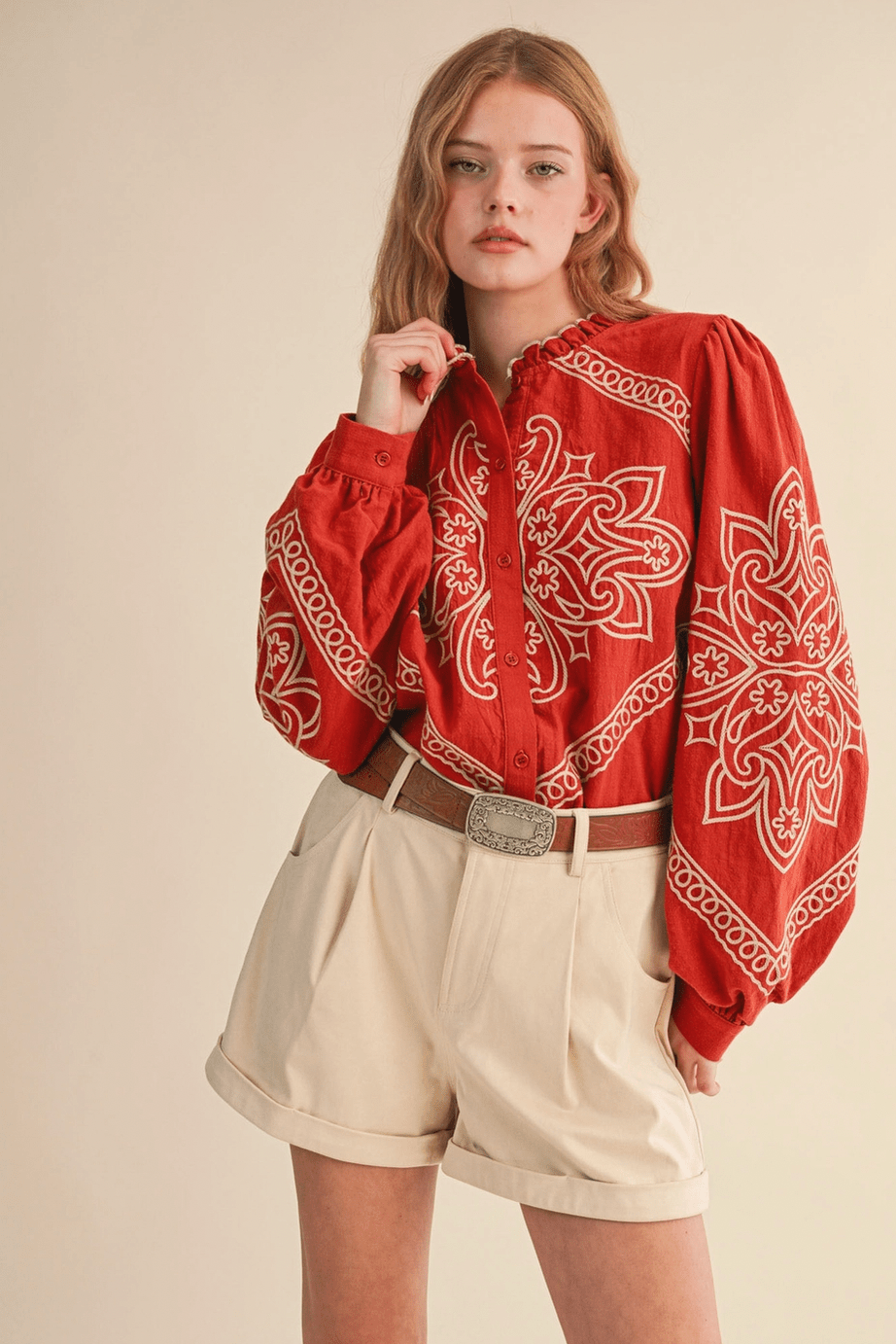 Embroidered Mock Neck Button Up - Flea Boutiques