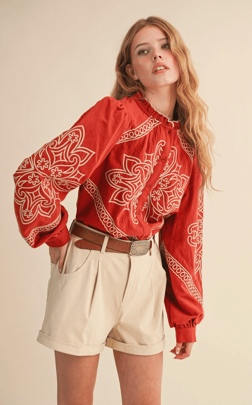 Embroidered Mock Neck Button Up - Flea Boutiques