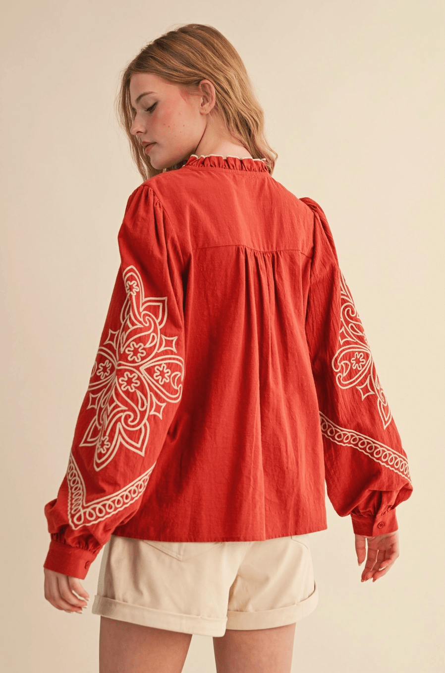 Embroidered Mock Neck Button Up - Flea Boutiques