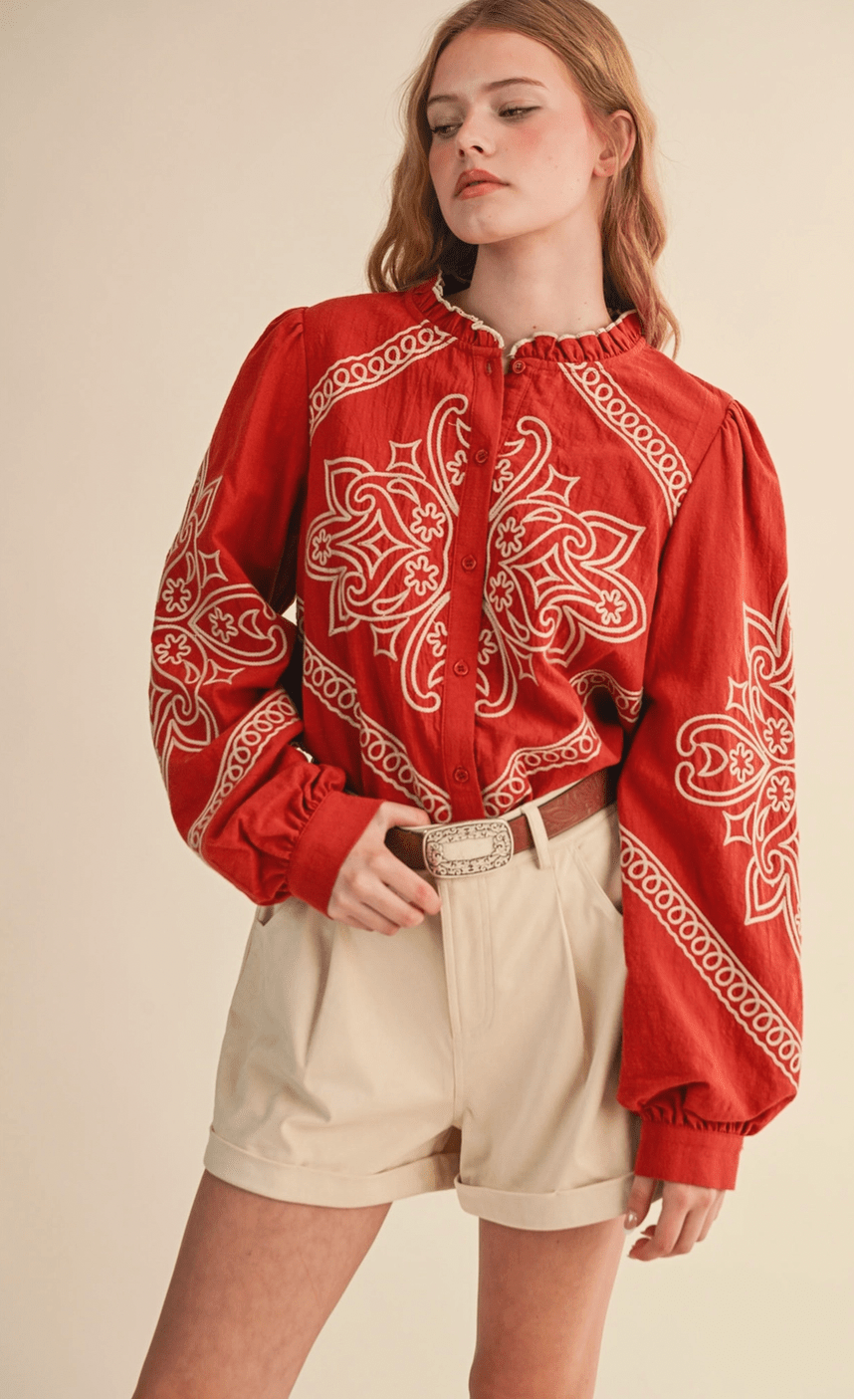 Embroidered Mock Neck Button Up - Flea Boutiques