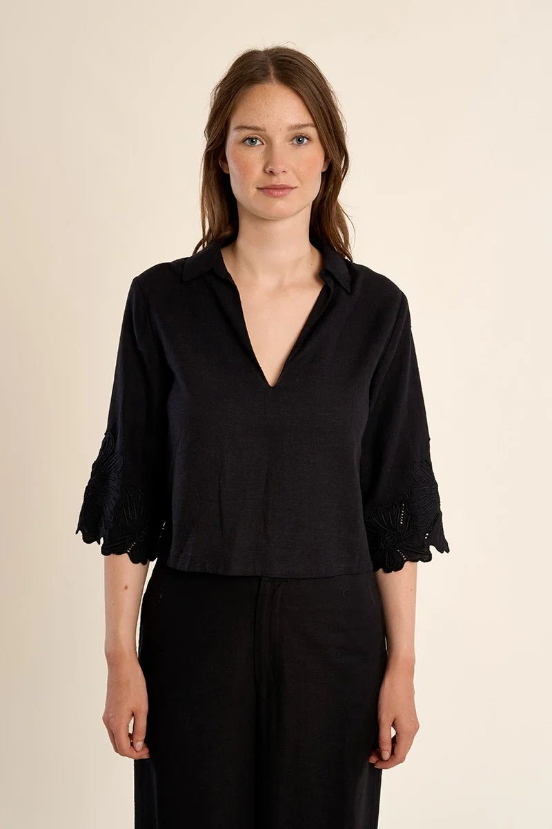 Embroidered Slv Collared Crop - Flea Boutiques