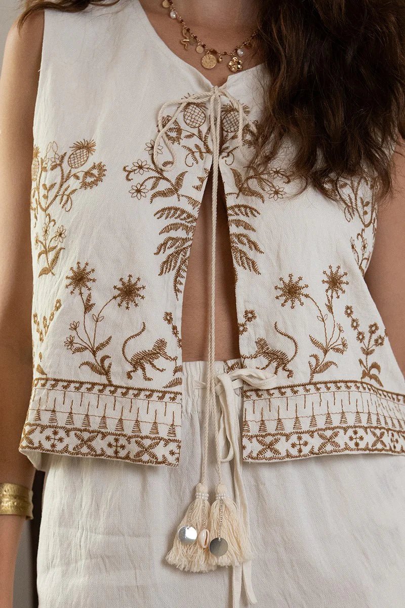 Embroidered Tie Front Vest - Flea Boutiques