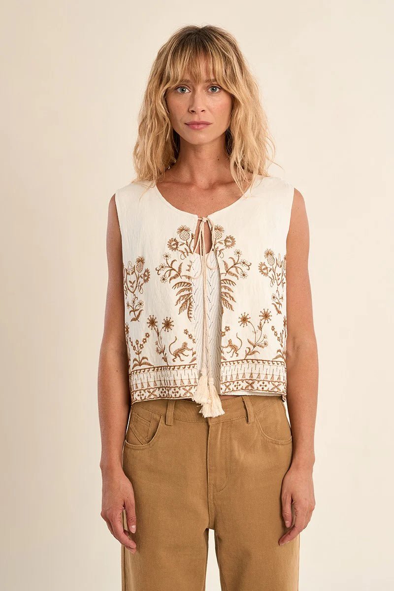 Embroidered Tie Front Vest - Flea Boutiques