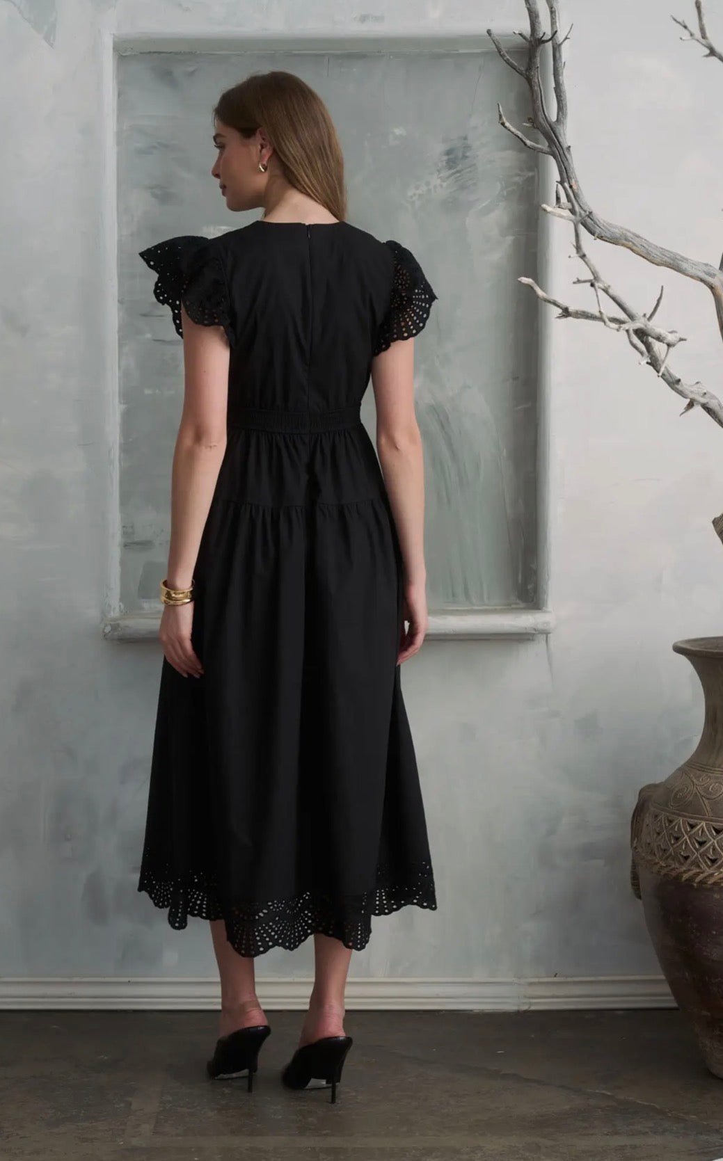 Embroidery Lace Flutter Slv Midi Dress - Flea Boutiques