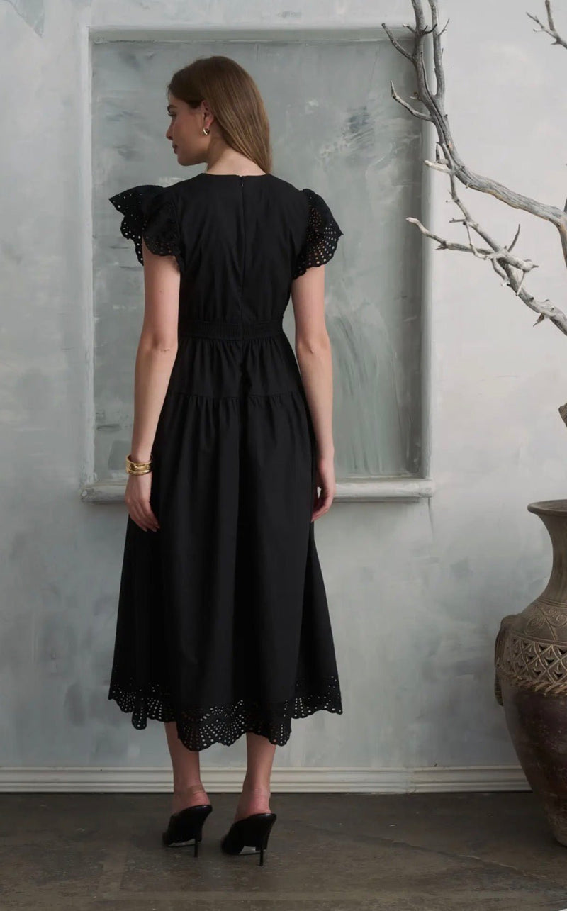 Embroidery Lace Flutter Slv Midi Dress - Flea Boutiques
