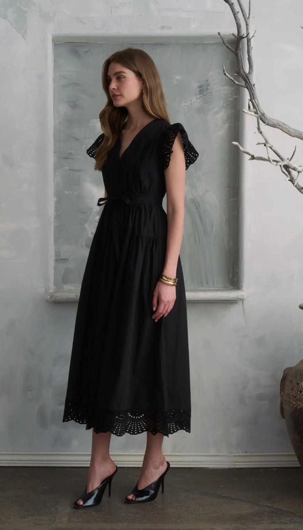 Embroidery Lace Flutter Slv Midi Dress - Flea Boutiques