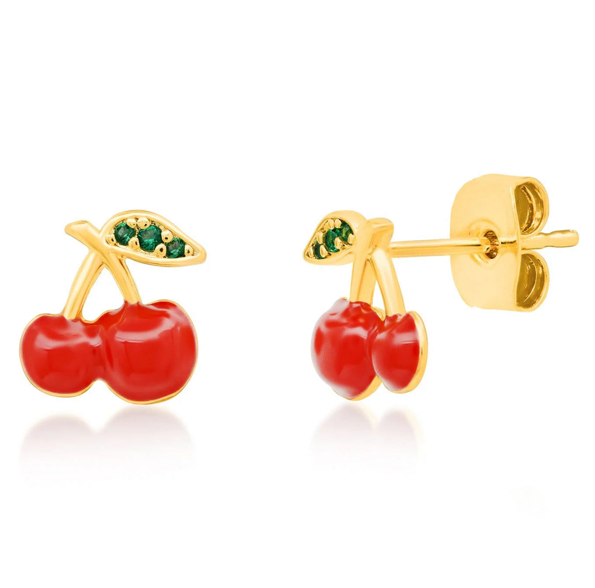 Gold cherry earrings with red stones on a white background