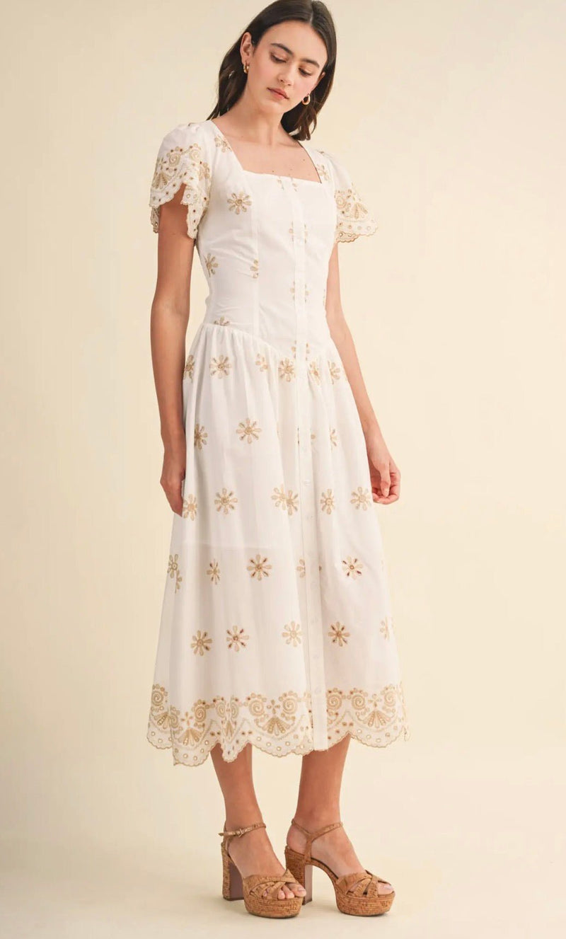 Eyelet Button Down Midi Dress - Flea Boutiques