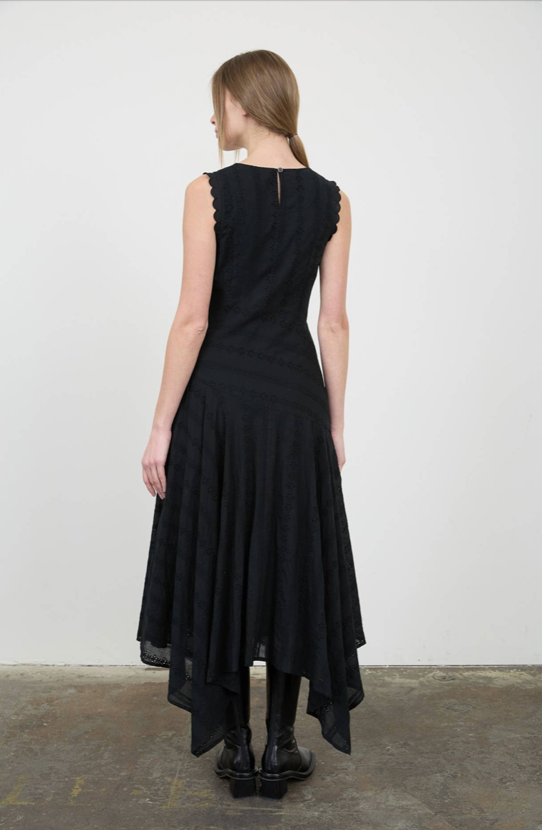 Black sleeveless dress worn by a model on a plain background