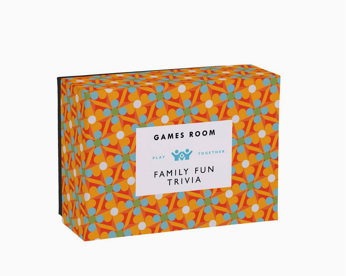 Box of 'Family Fun Trivia' game from 'Games Room' on a white background
